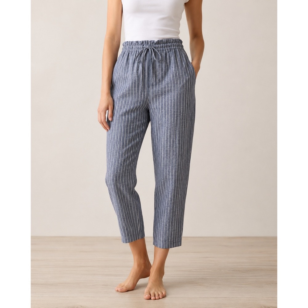 Beachlunchlounge‎ Linen Blend Blue White Striped   Waist Pants Medium